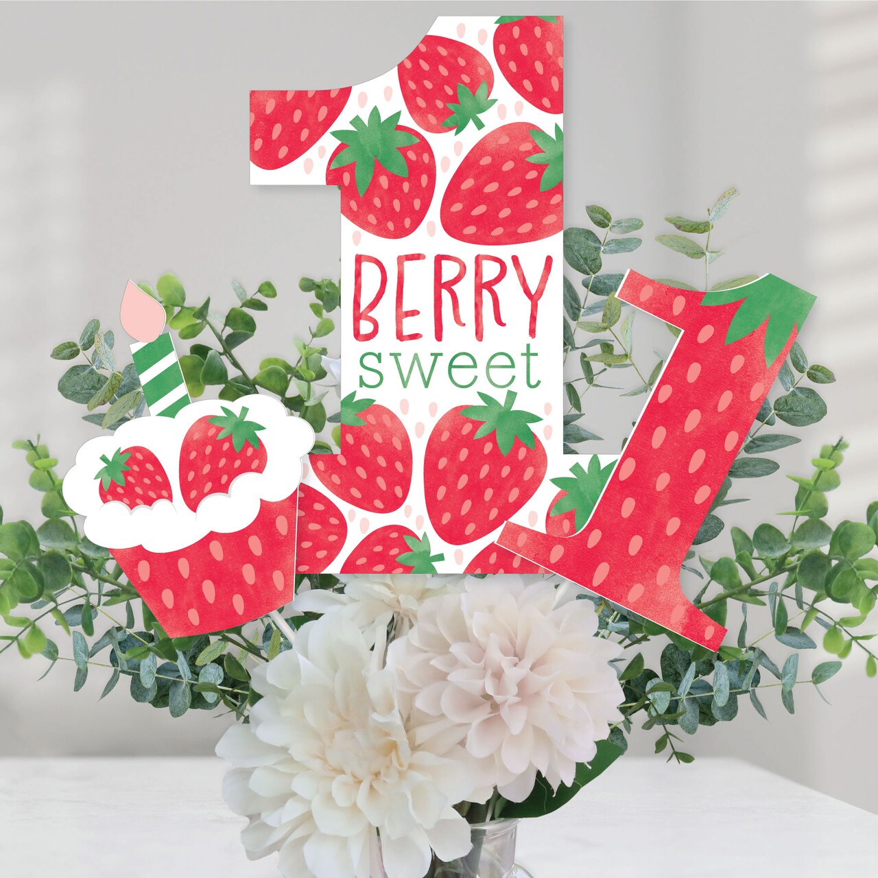 Big Dot of Happiness Berry First Birthday - Sweet Strawberry - Fruit 1st Birthday Party Centerpiece Sticks - Table Toppers - Set of 15